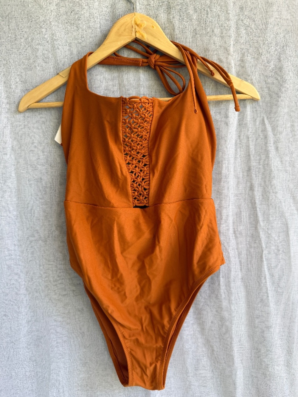 Aerie Burnt Orange Halter One Piece Swimsuit | S/M | Macramé Detail | Boho Swimw